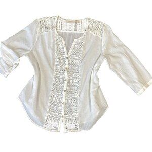 Chico's White 100% Cotton Crochet-Button-Up Peasant Top Sz 2 (L/12) #304F